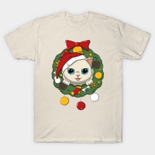 Cute Cat In Christmas Wreath T-Shirt